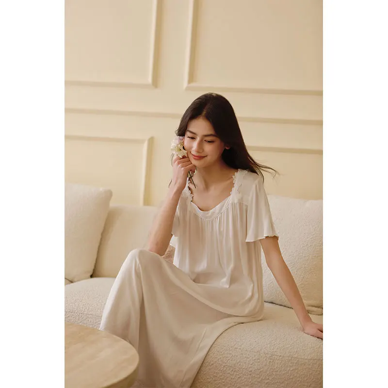 قصر الربيع نمط الساتان الأبيض ثوب النوم الرغبة الفرنسية الحلو بسيط طويل قصير الأكمام فستان النوم ساحة طوق ملابس خاصة #5