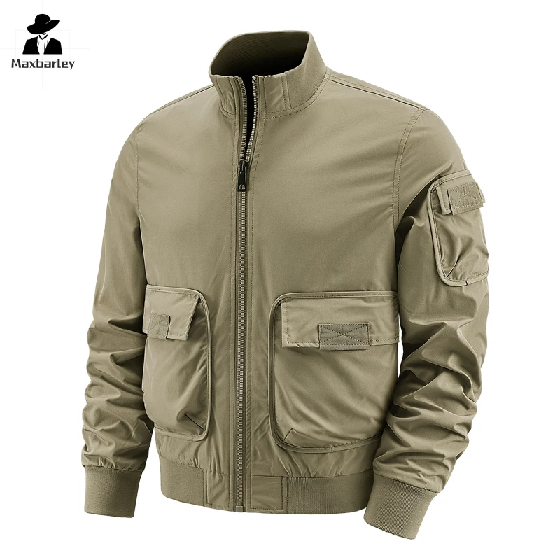 Veste de travail multi-poches coupe-vent pour hommes, manteau de baseball rétro tout match, col montant, décontracté, d'âge moyen, automne