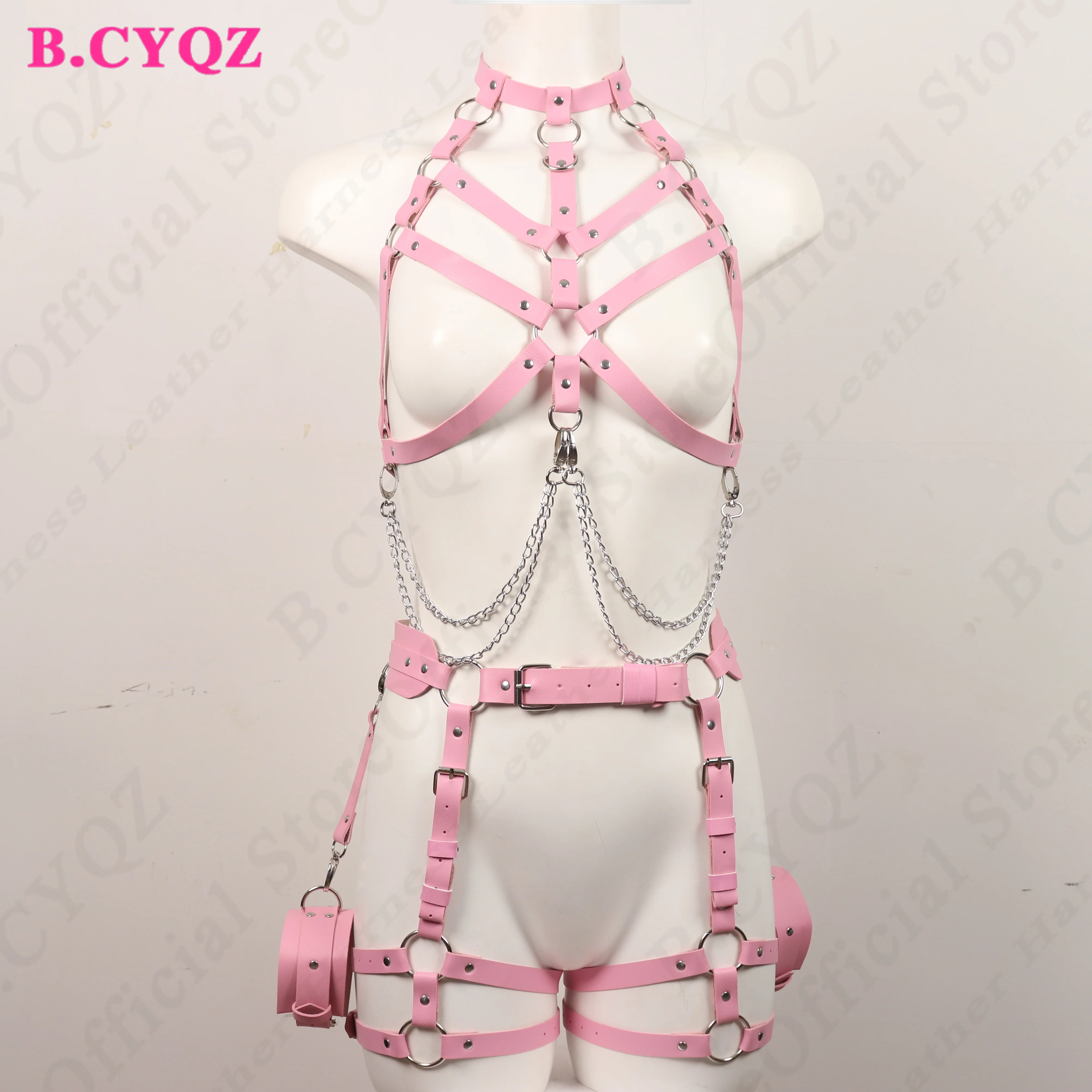 Sexy Woman Harness Garters Pink Thigh Sword Belt PU Leather Body Bondage Bdsm Gothic Leg Strap Rave Festival Clothes Accessories