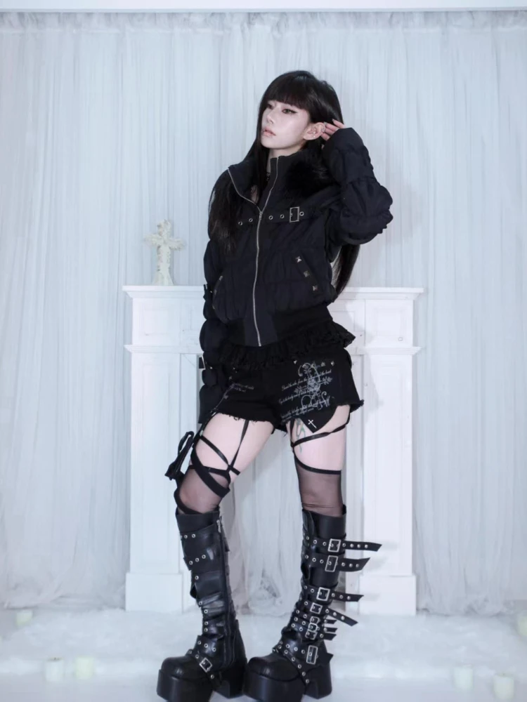 Womens Gothic Punk Alt Streetwear Cropped Puffer Jacket Faux Fur Collar Rivet Buckle Strap Belted Winter Outerwear Egirl Emo Y2K