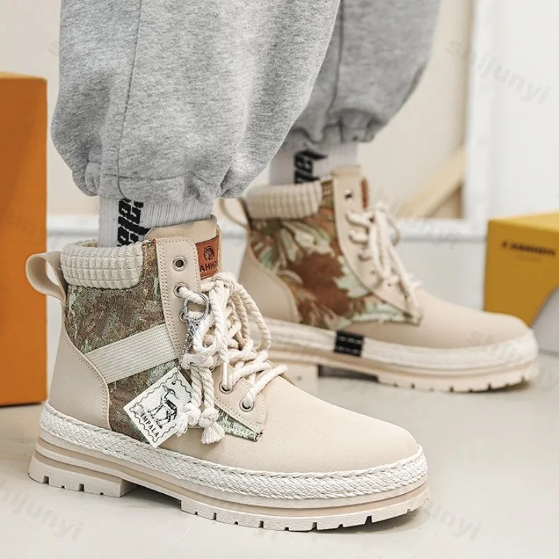 

Retro Print Warm Hairy High Top Short Boots for Men 2025 Winter Fashion Versatile Plush Comfortable Non Slip Cotton Chunky Boots