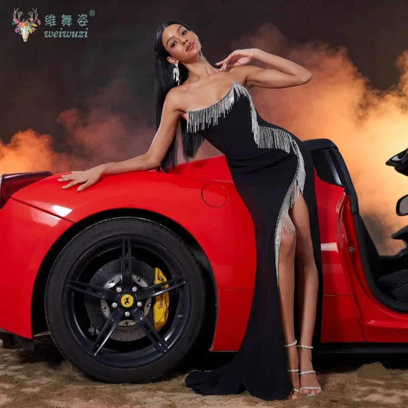 

Elegant Black Long Women Evening Dresses Luxury Beading Tassels Sexy High Slit Formal Celebrity Party Prom Cocktail Prom Dress