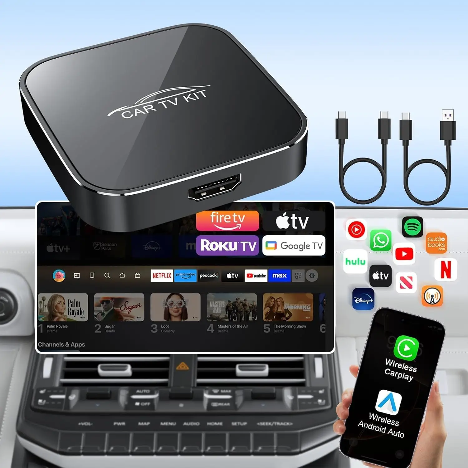

3-in-1 Car TV Mate Pro: Wireless CarPlay & Android Auto Adapter, HDMI Media Stick for Streaming to Car (Black)