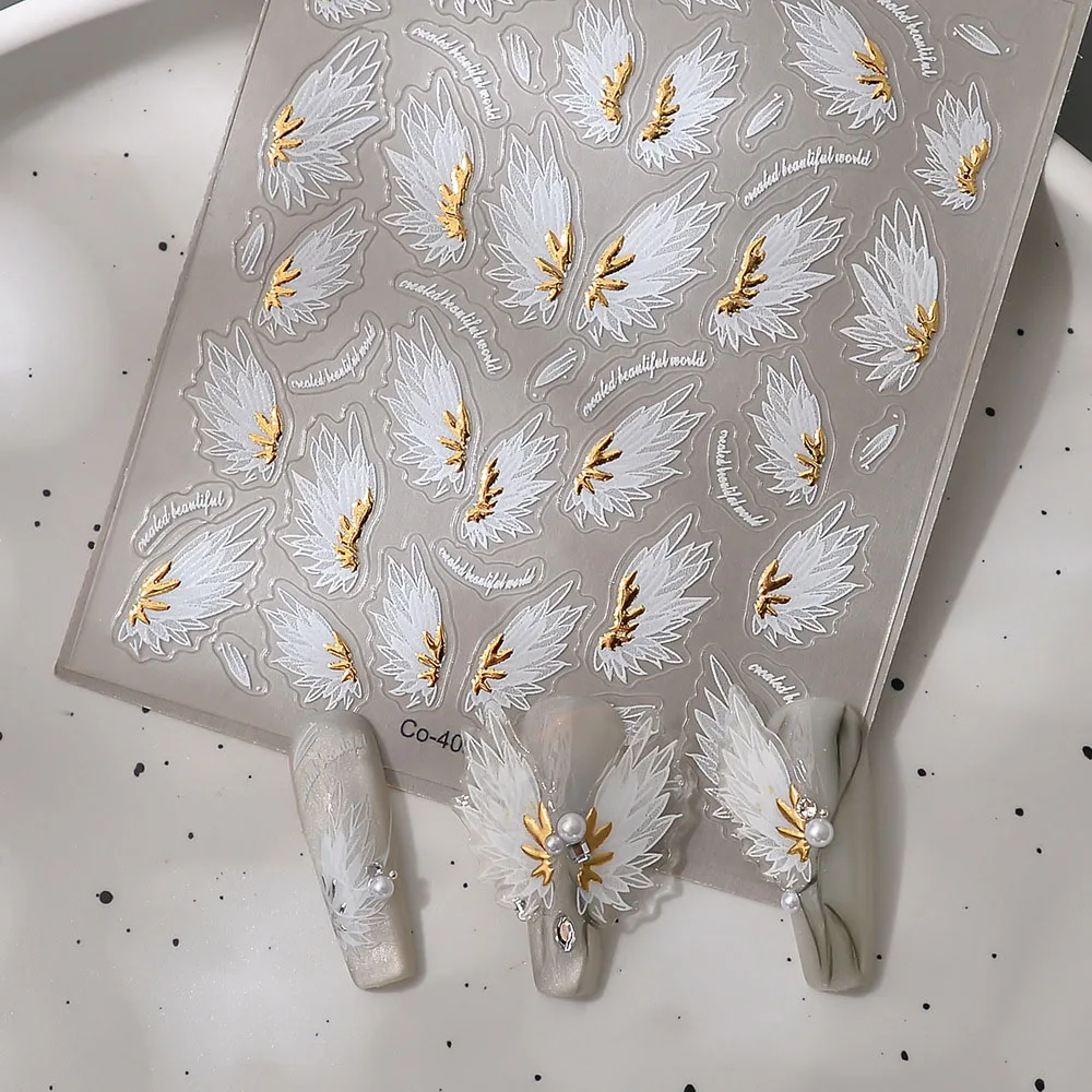 Bronzing Angel Wings Nail Art Sticker Gold Silver 5D Nail Art Sticker White Dreamy Wings Nail Decals Slider for Manicure Decor
