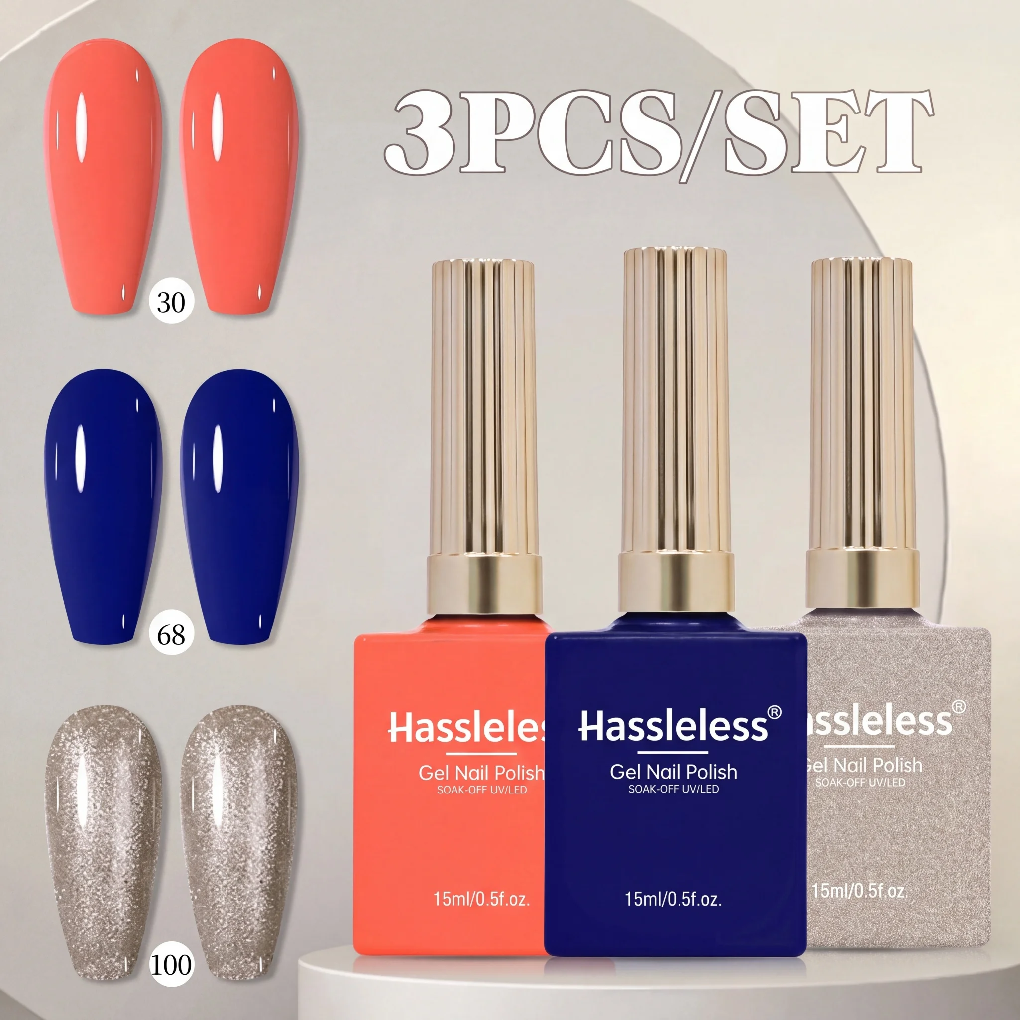 Hassleless 3Pcs Nail Polish Gel Set Orange Red Sapphire Blue Solid Color + Silver Glitter Diamond Uv Gel 15ml Removable Uv Gel Long-Lasting High Shine Nail Salon Set
