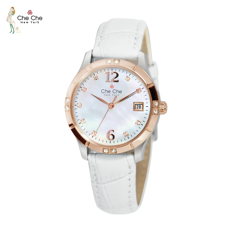 Women's Luxury Watch Stainless Steel Quartz Movement with Diamond Accents Fashion Crystal Display Leather Strap Calendar Feature