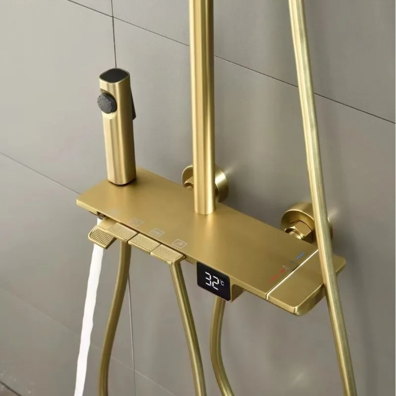 Small Space Copper Piano Key Shower Set Luxury Bathroom Thermostatic Shower Head with Shelf