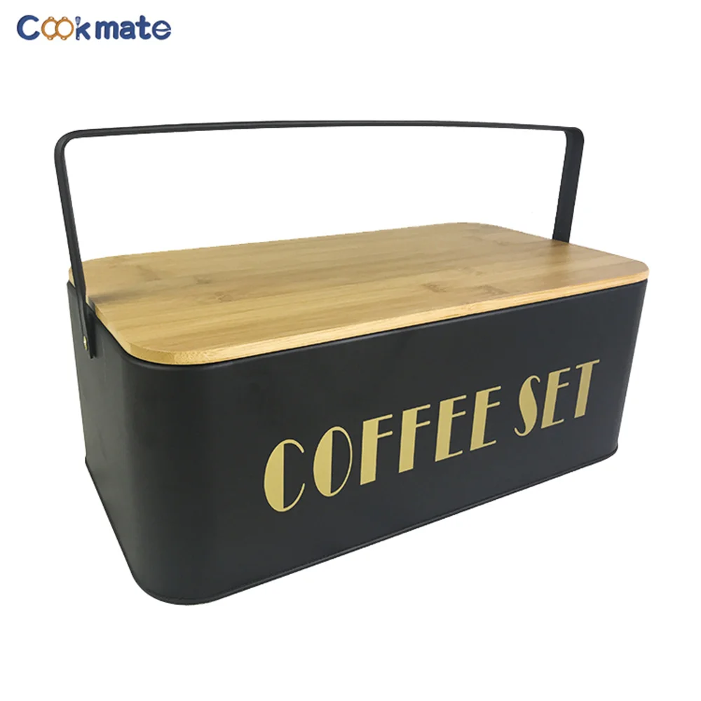 

Metal Bread Bin Coffee Set Box Kitchen Large Storage Box Outdoor Picnic Food Container with "U" Handle Rectangle Black