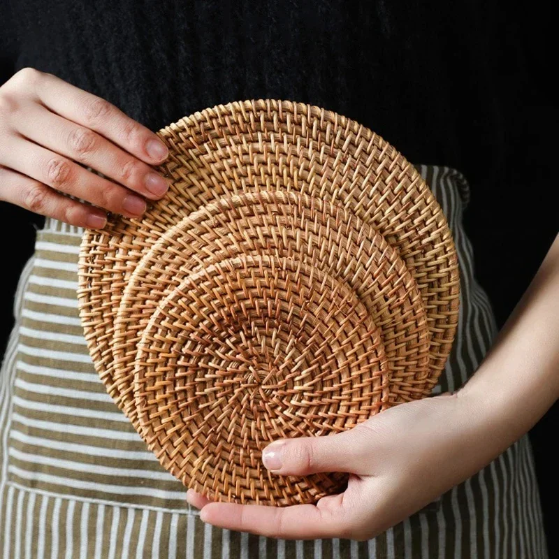 Handmade Round Rattan Coasters Heat Insulated Table Mat Tableware Placemat Heat-Resistant Dishes Mat Kungfu Tea Accessories