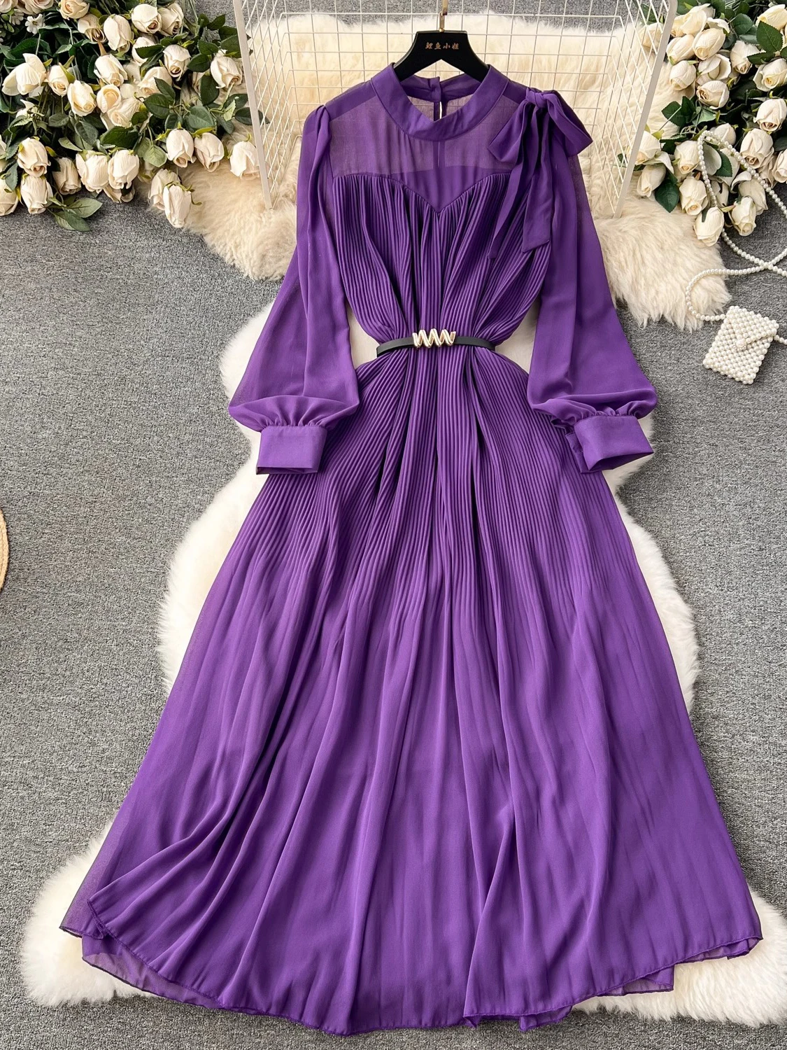 Spring Vintage Women Chiffon Long Dress Elegant Bow Collar Puff Sleeve High Waist Draped Maxi Vestidos Female Casual Robe New