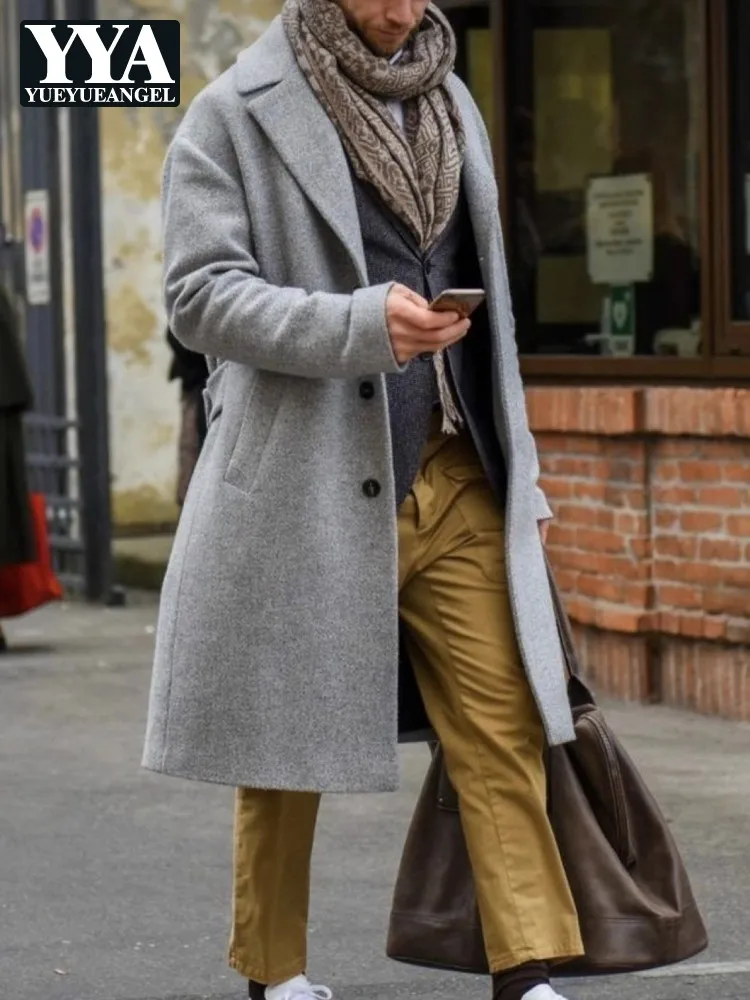 Medium Long Woolen Coat Men Winter Single Breasted Loose Fit Overcoat Solid Color Fashion Office Men Lapel Casual Windbreakers