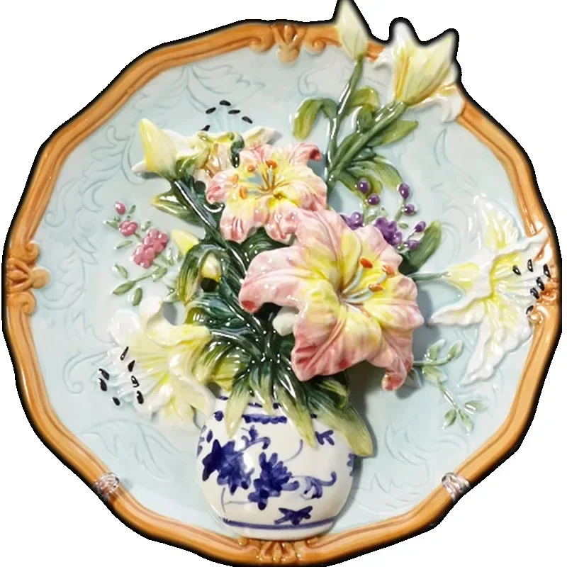 

Ceramic diameter 21cm blue and white vase three-dimensional lily hanging plate can be used as wall decoration seat plate decorat