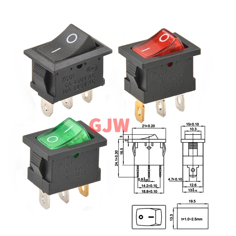 Interruptor basculante móvil Perahu de 3 pines, luz LED de encendido y apagado, 21x15 Mm, 6A/250V, 10A/125V, CA, hitm, Merah, Lampu, Hijau, 1