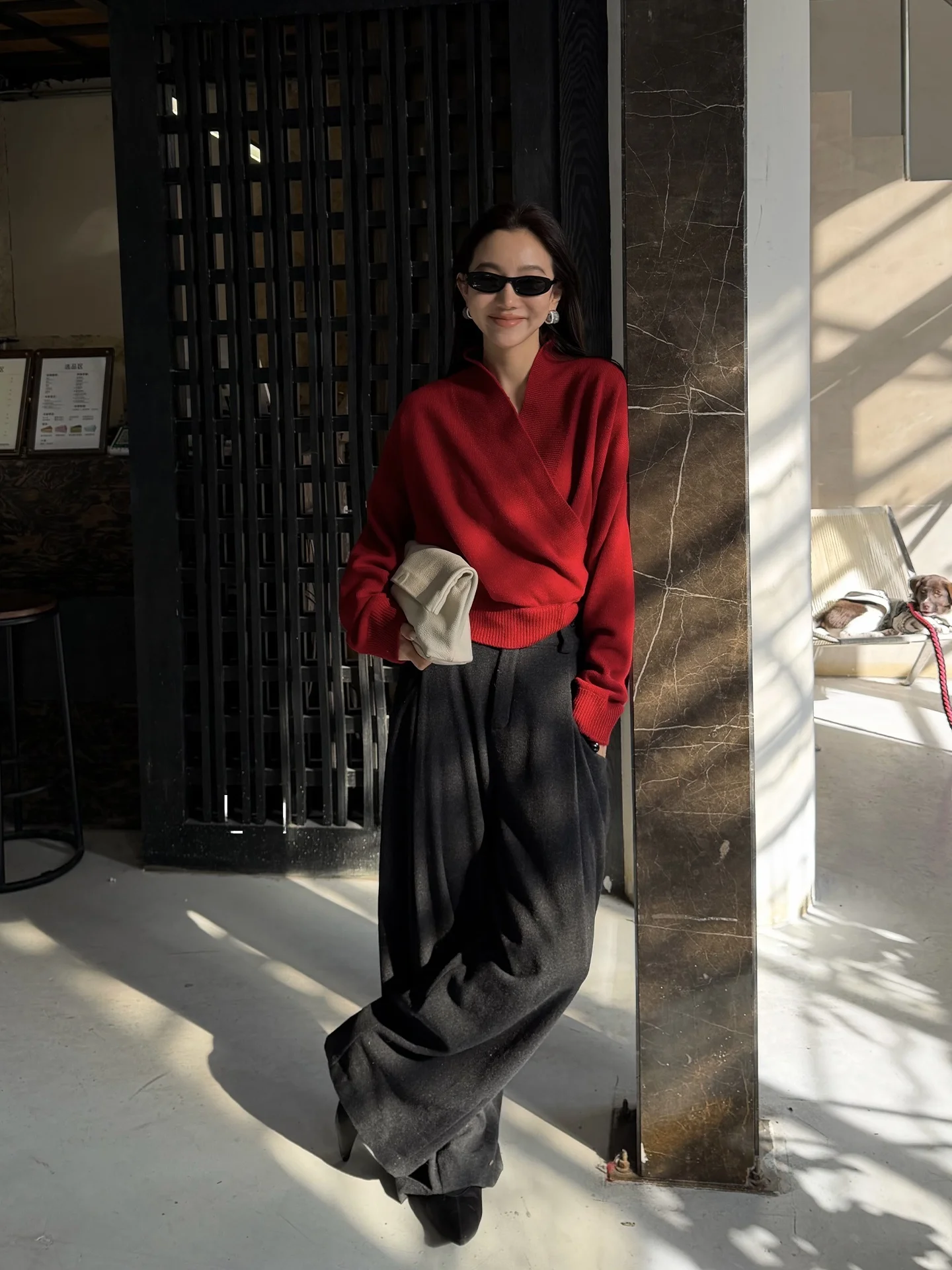 

LiHuiEr Red Knitted Sweater Women's Fashionable Design Casual Style V-Neck Long Sleeve Woolen Top for New Year Celebration
