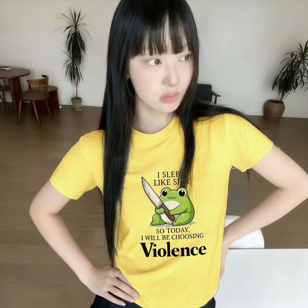 Funny Frog Holding Knife Graphic T-Shirt Women Summer Short Sleeve Choosing Violence Print Vintage Top Male Casual Fashion Tee