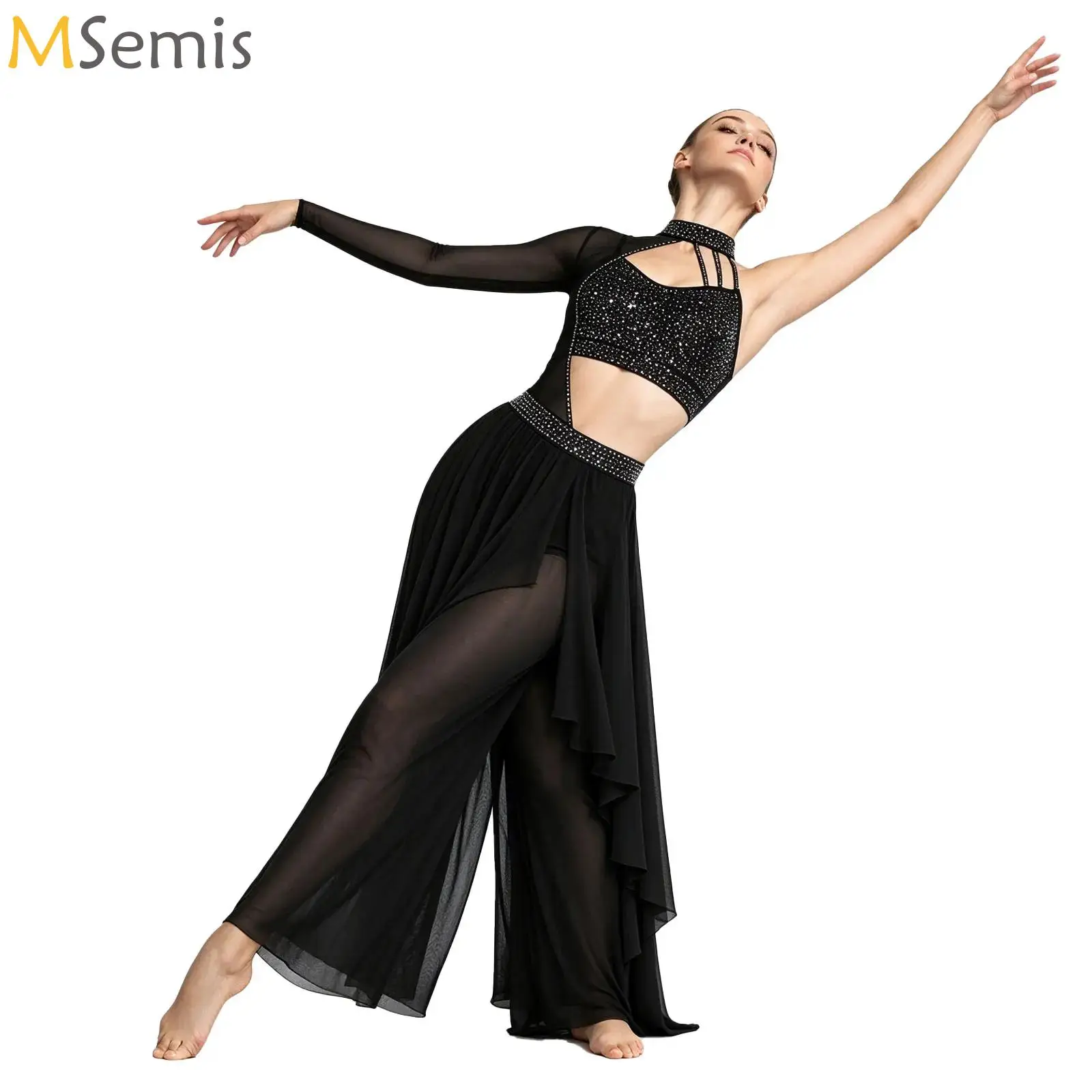 Women Modern Lyrical Dance Jumpsuit Sheer Mesh Asymmetrical Bodysuit Built-in Briefs for Skating Gymnastics Acrobatics Ballet