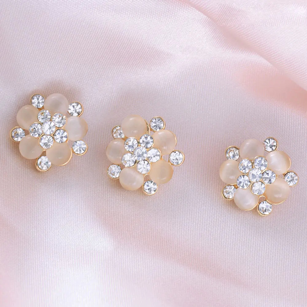 3pcs/Pack 15mm Beauty Flower Opal Rhinestone Metal Buttons For Shirts Collors Cuffs DIY Garment Sewing Button Decorative