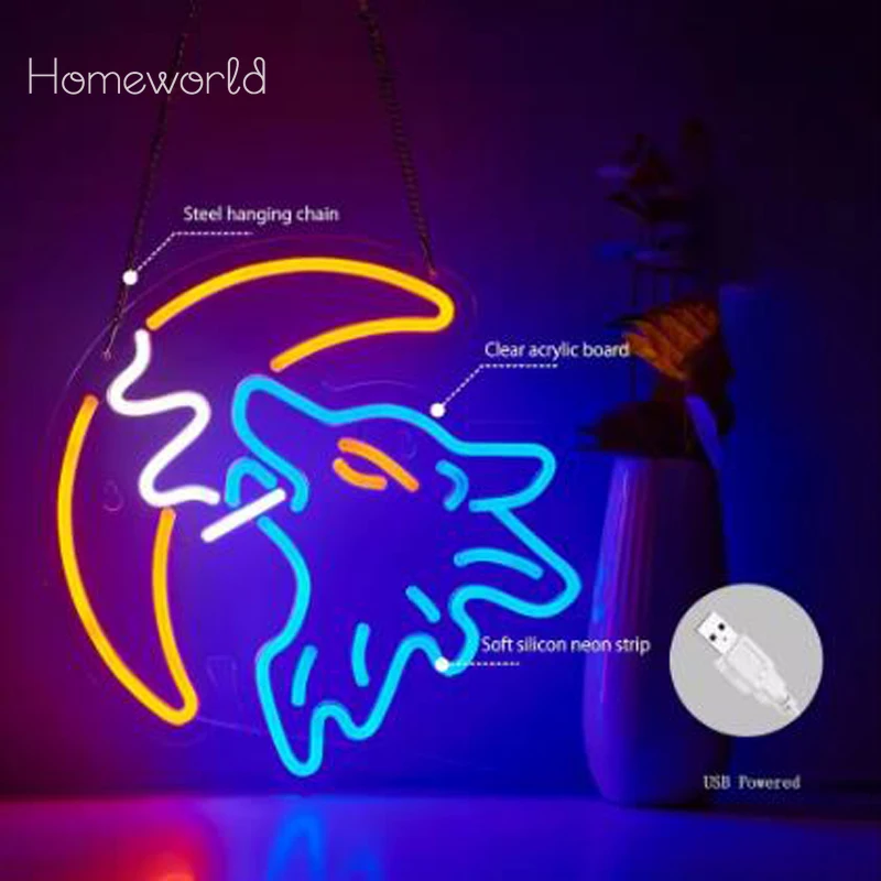 Wolf Moon LED Neon sign  Pattern Light-Up Sign USB Powered Adjustable Be suitable for Bar Club,  book room, Party Decoration