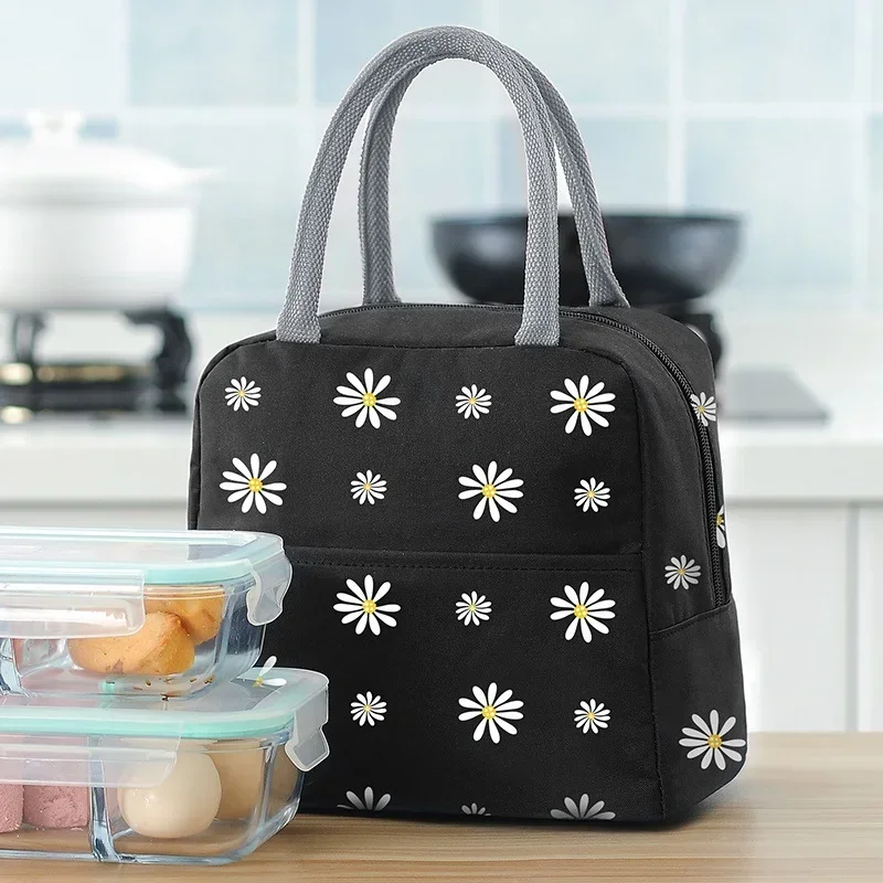 Daisy Printing Insulated Lunch Bag Large Capacity Portable Women\'s Picnic Thermal Cooler Storage Bags Food Container Bento Pouch