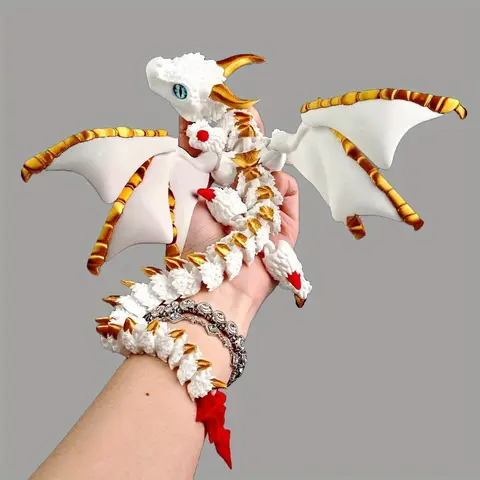 Platinum & Black Gold 3D Printed Dragon Statue, Articulated Wings & Scales, Fantasy Desk Decor, Ideal Holiday Gift