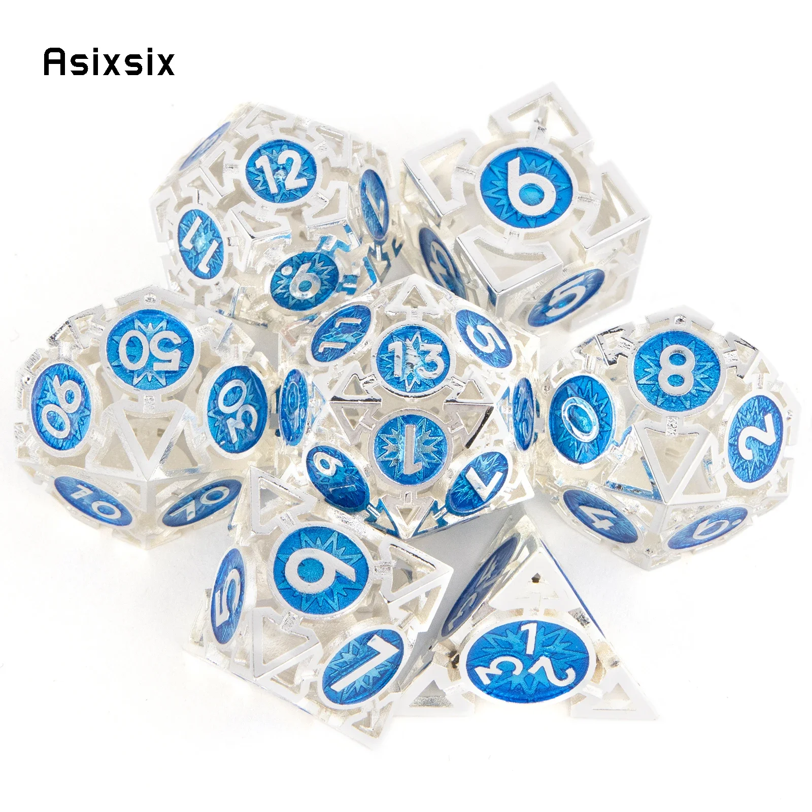 

7 Pcs White Blue Metal Dice Circular Hollow Metal Polyhedral Dice Set Suitable for Role-Playing RPG Board Game Card Game