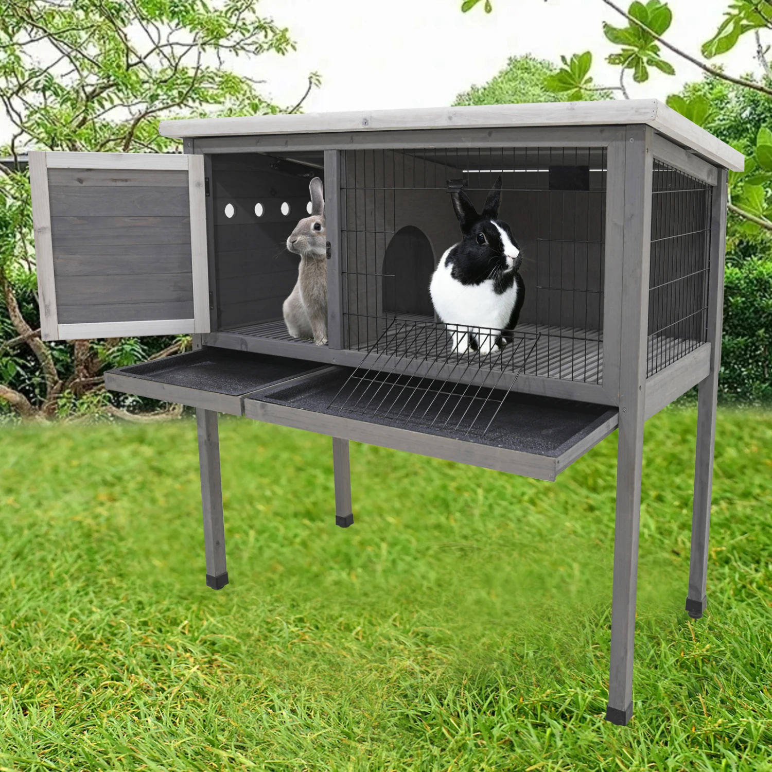 

48"Wood Rabbit Hutch, Indoor Outdoor Bunny Cage with Roof and Removable Tray, Chicken Coop with Lockable Door, Guinea Pig Cage,