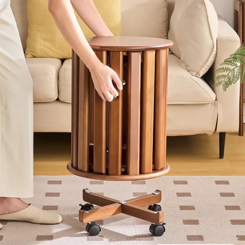 Natural Bamboo Dining Stool Creative Four in One Round Stools Living Room Stacked Side Table with Mobile Base Modern Furniture