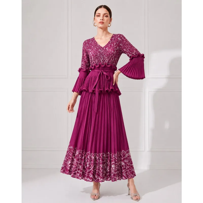 Ruffle Trim Long Dress For Women V Neck Flare Sleeve Pleated Dress With Waist Belt Midi Dress Weekend Tea Party Casual Outing