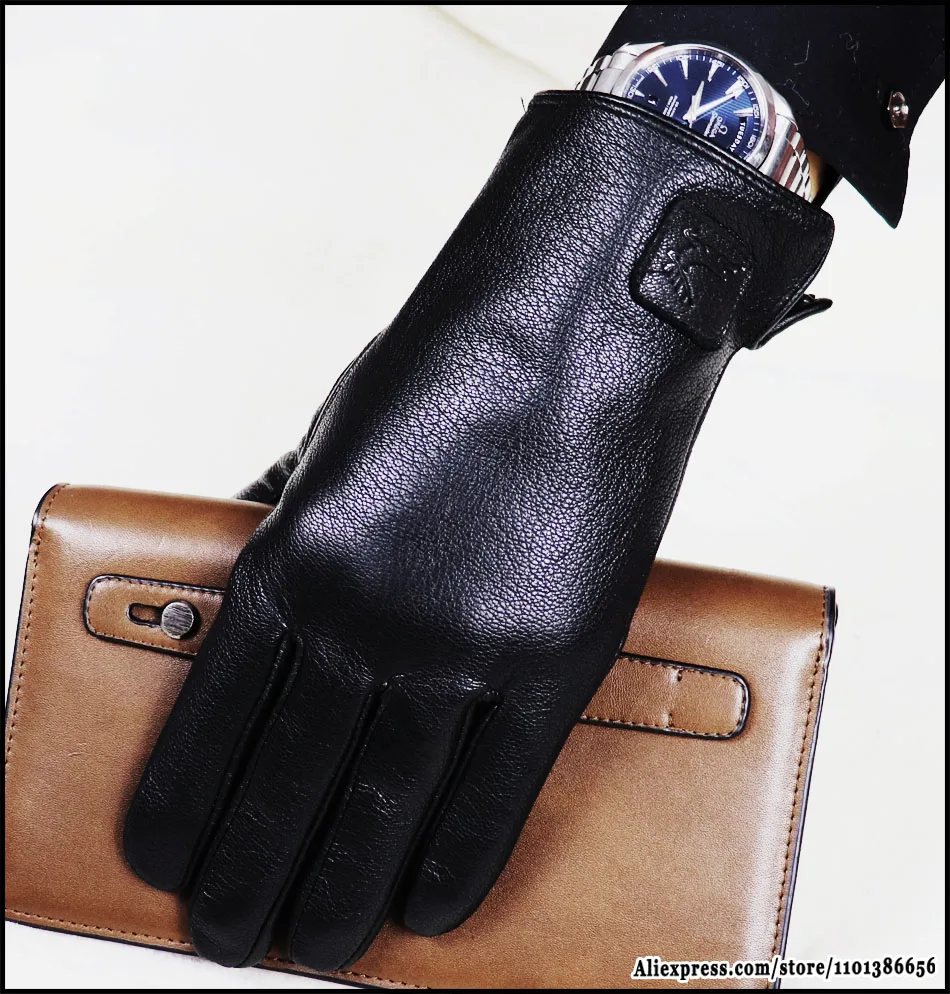 Hochwertige Herren-Lederhandschuhe, Hirschleder-Textur-Ziegenlederhandschuhe, winterwarme Flanellwolle, die mit dünnen und dicken Lederhandschuhen gestrickt ist, Fahrrad- und Fahrlederhandschuhe – Detail 11