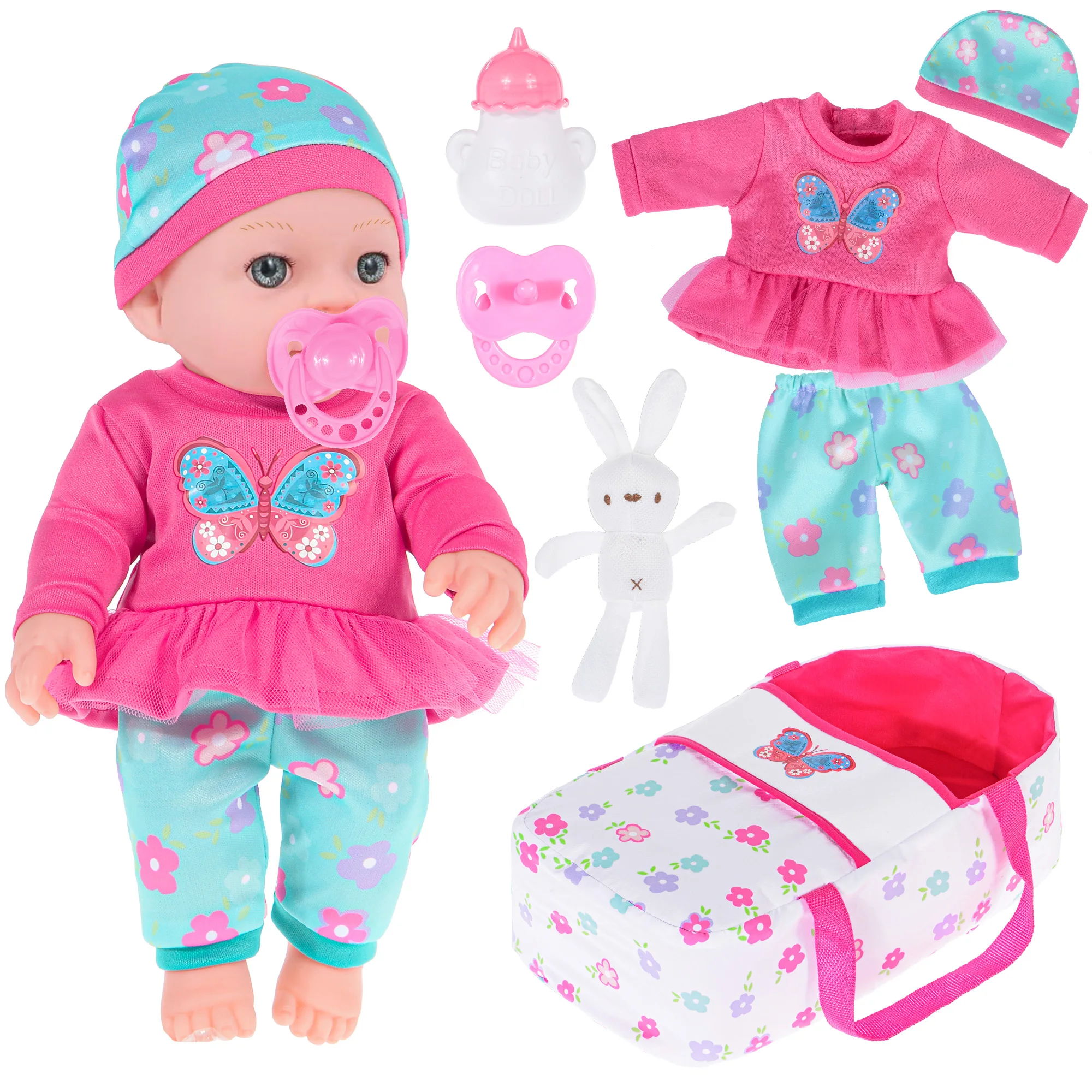 

30cm / 12 inch Baby Doll with Clothes and Handheld Cradle include Nipple, Feeding Bottle, A Rabbit Toy for 3+ Kids