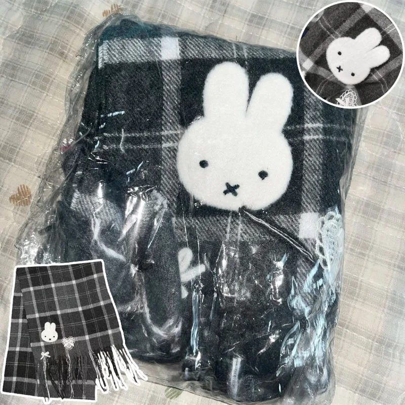 Miffy bufanda a cuadros negra Otoño Invierno cálido versátil lindo bufanda para mujer chica moda estolas de algodón bufanda regalos de navidad