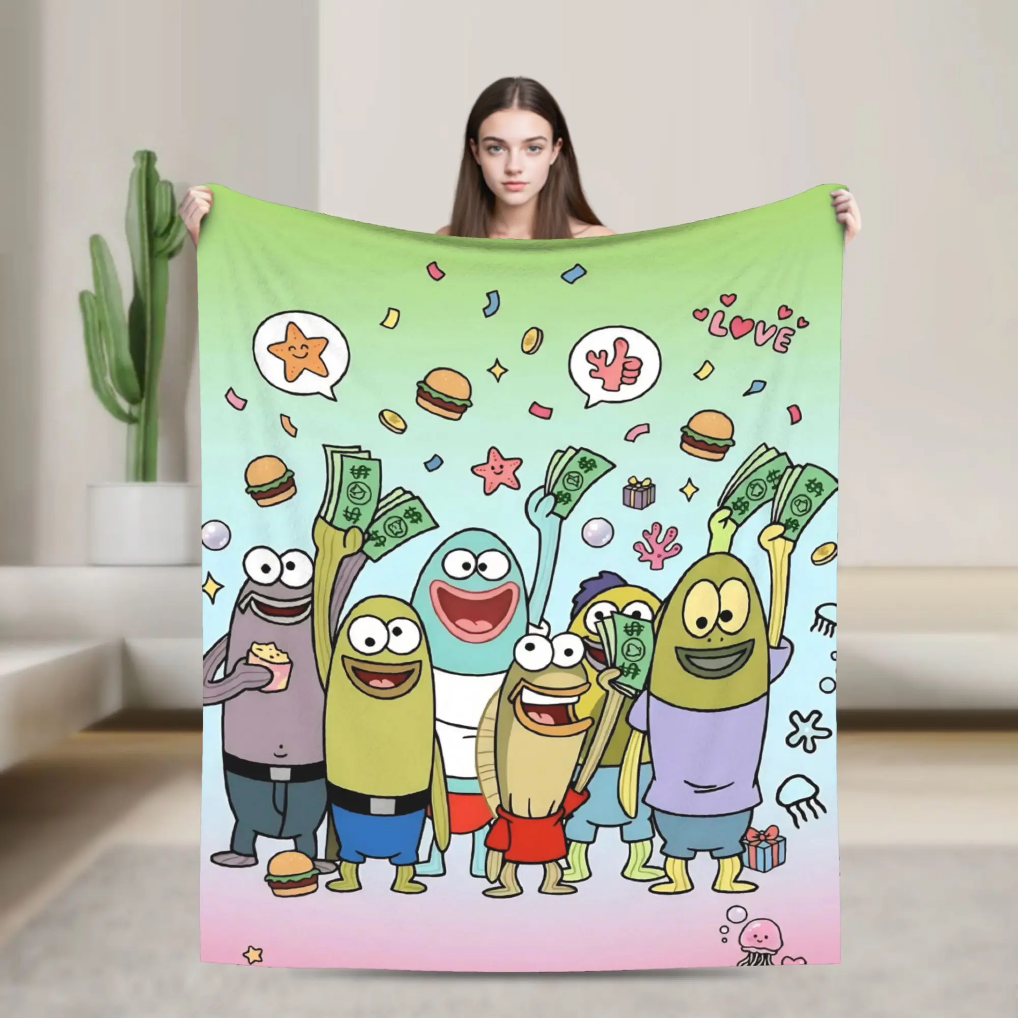 Bikinis Bottom Residents Cartoon Fish Blanket Fleece Spring Breathable Super Soft Throw Blanket for Sofa Bedroom Bedspreads