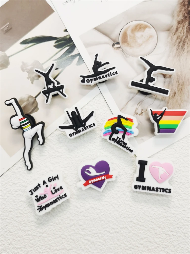 10PCS Gymnastics Sport PVC Shoe Charms Decorations Funny Clog Shoes Buckle Décor Diy Accessories For Women Bubble Slides Sandals