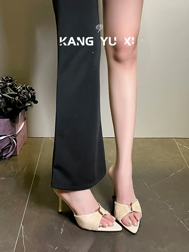 retro-pointed-toe-high-heel-sandals-women's-summer-skirt-match-folded-fine-heel-outdoor-wear-slip-on-sandals-fashionable