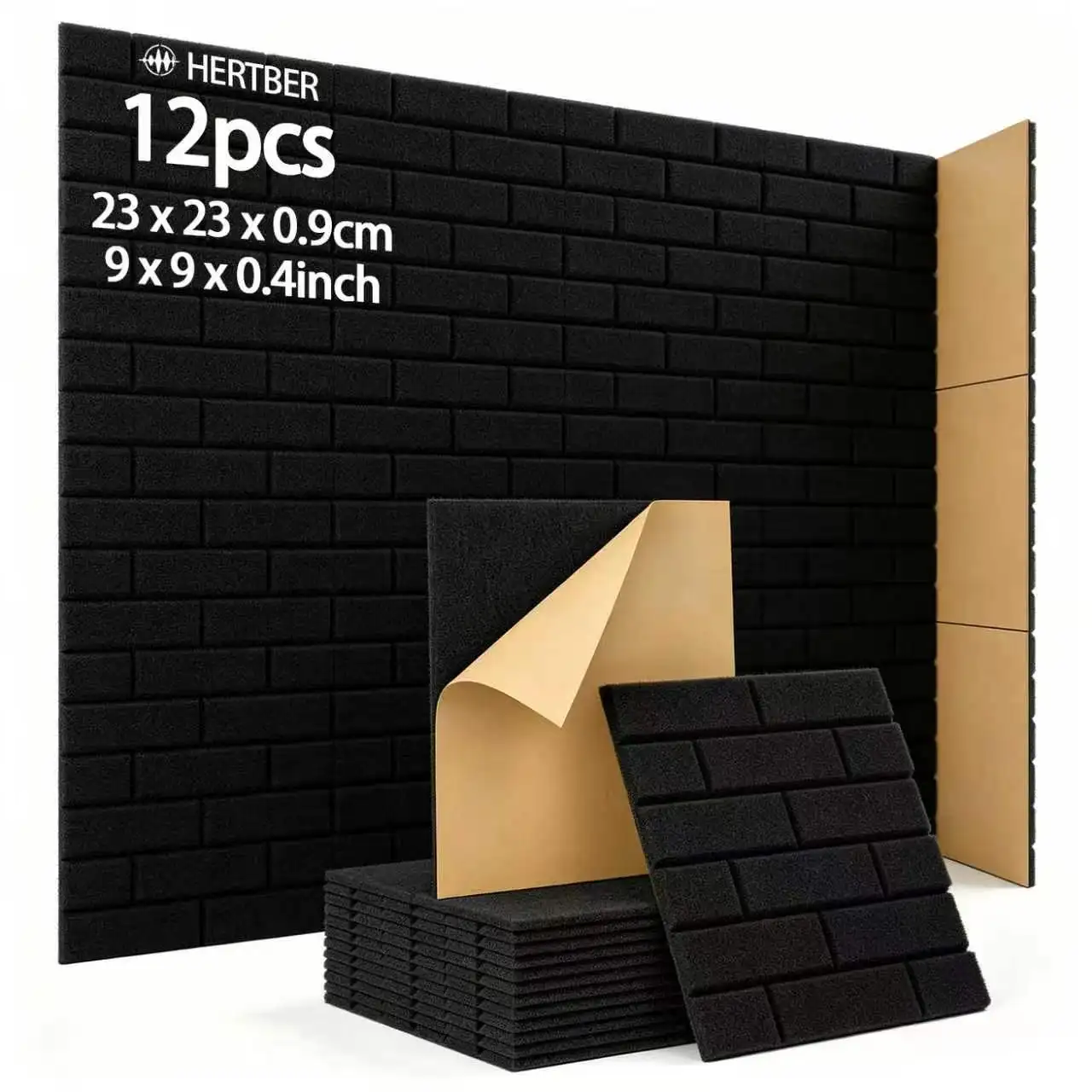 HERTBER 12Pcs High Density Self Adhesive Acoustic Panels Polyester Sound Proof Wall Tiles Studio Bedroom School Art Wall Decor