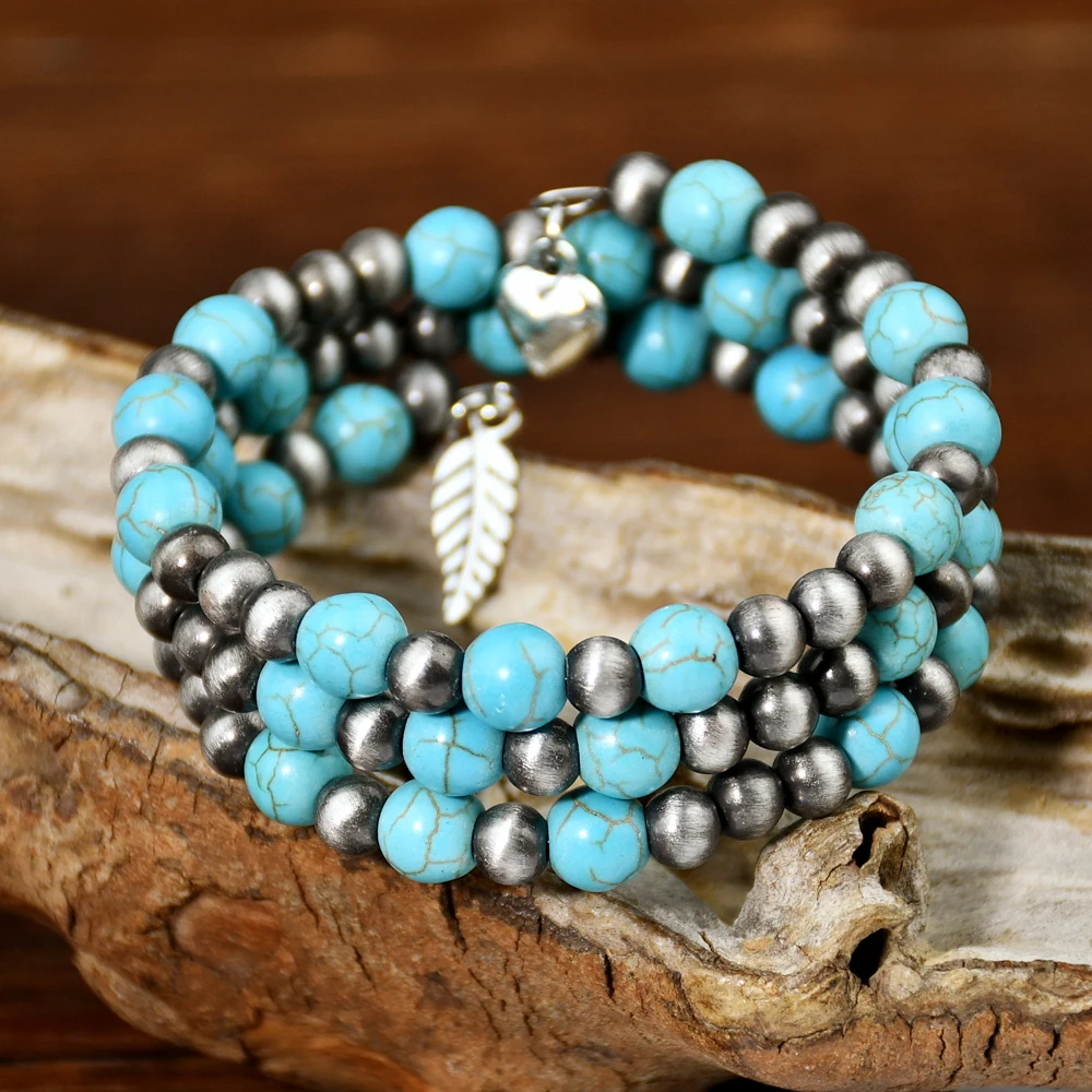 Yumfeel Triple Layer Beaded Bracelet Western Cowgirl Navajo Pearl Turquoise Charms Bangle