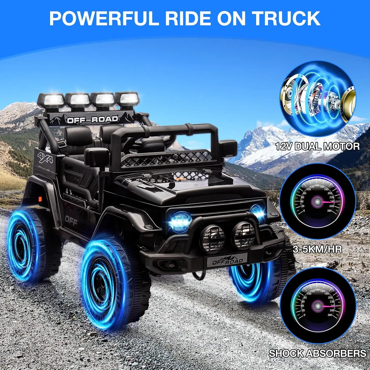 12V Kids Ride on Truck, Electric Vehicle Jeep Car with Remote Control for Kids, Spring Suspension,Speaker,3 Speeds,LED Lights  ﻿