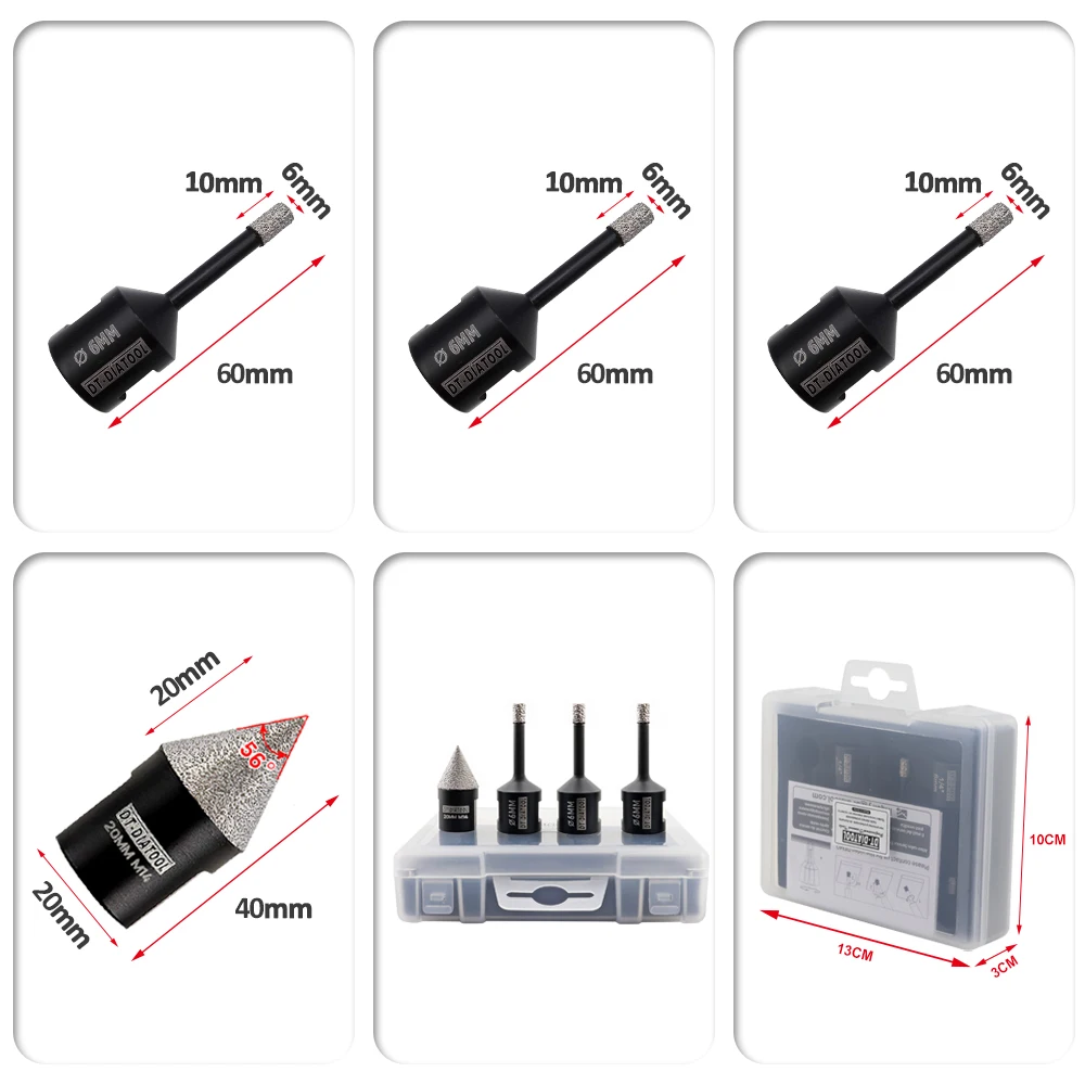 DT-DIATOOL 4 buah/Kit mata bor ubin inti berlian 6mm 20mm, mata bor kering/basah, alat mahkota granit marmer