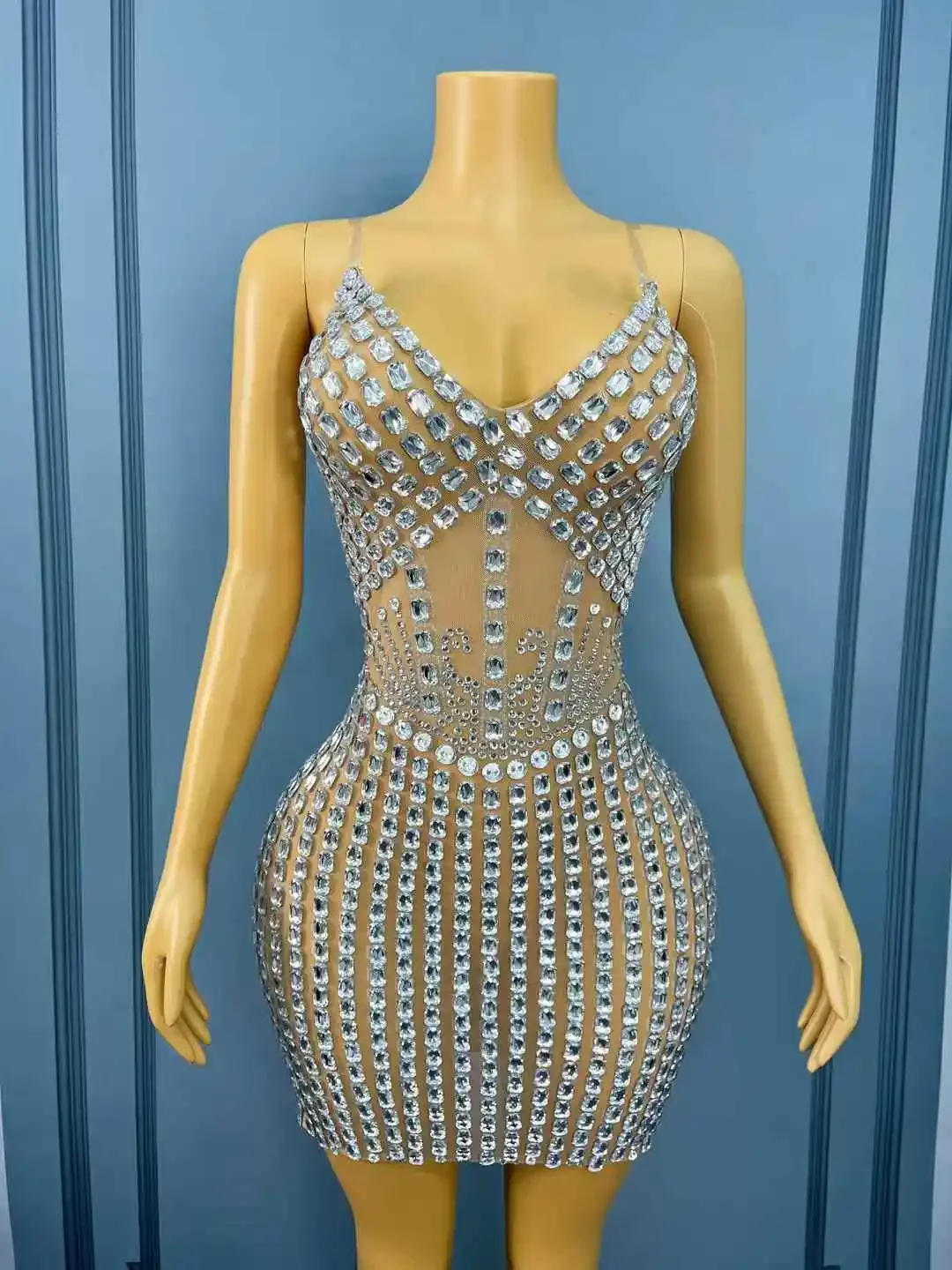 Sexy Shining Rhinestones Nude Mesh Dress Evening Birthday Wedding Celebrate Gown Red carpet Stage Elegant Stage Wear
