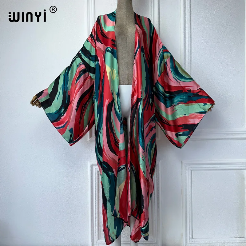 WINYI Kimono Summer Abstract oil painting print Cardigan Female Blouse abaya cover up beach women boho maxi dress party kaftan