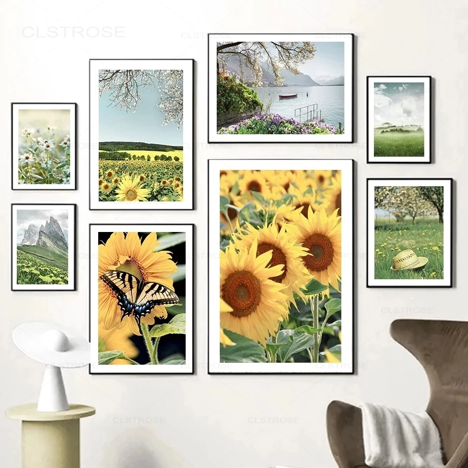 

Sunflower Butterfly Mountain Lake Flowers Art Canvas Painting Nordic Poster Print Wall Pictures For Living Room Home Decoration