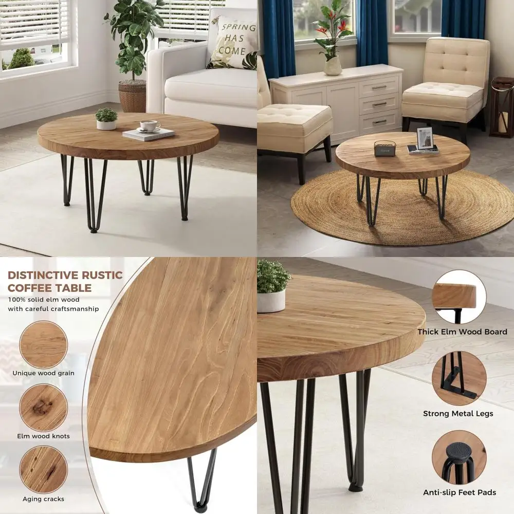 Farmhouse Style Round Elm Wood Coffee Table with Metal Legs and Anti-Slip Pads for Living Room