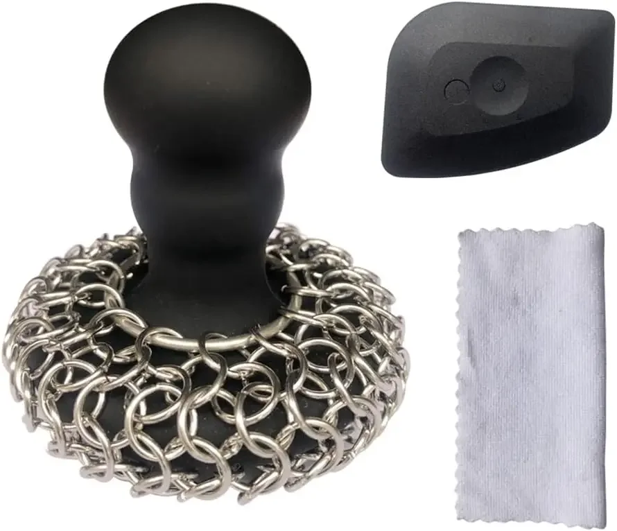 

Stainless Steel Chainmail Scrubber with Silicone Handle for Cast Iron and Grill Pans, Includes Scraper and Towel