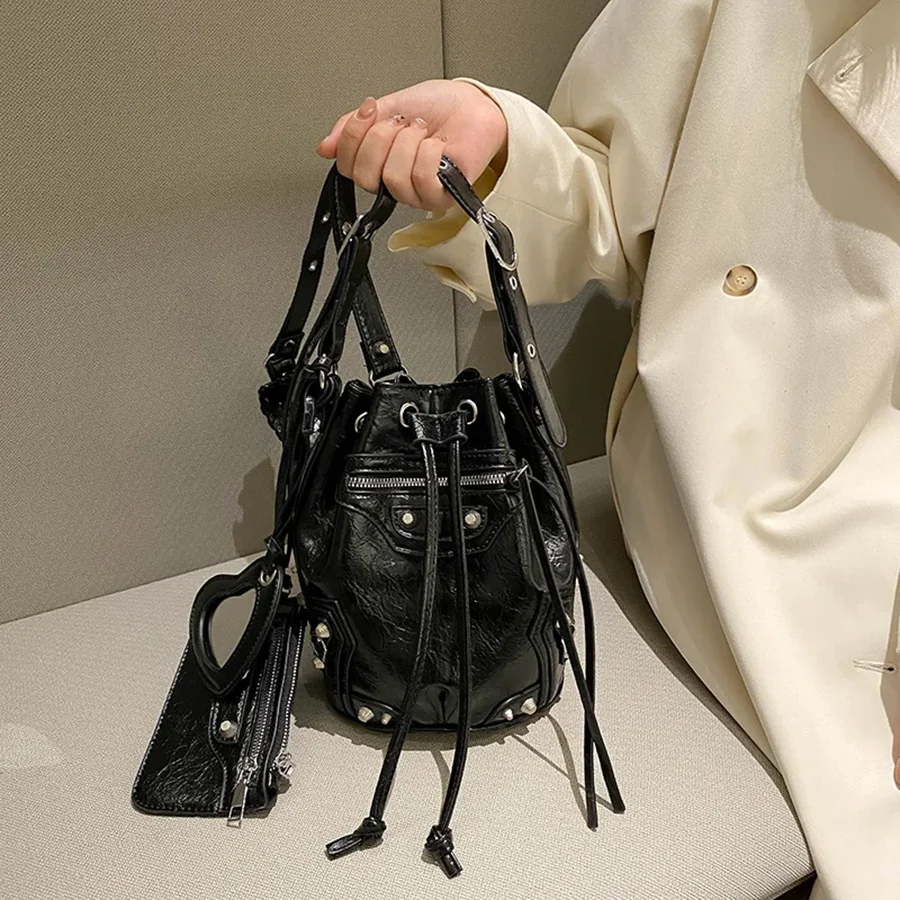 Crossbody Bag Female New Heavy Industry Locomotive Wind Rivet Tide Pump With Bucket Bag Fashionable Shoulder Bag 2026