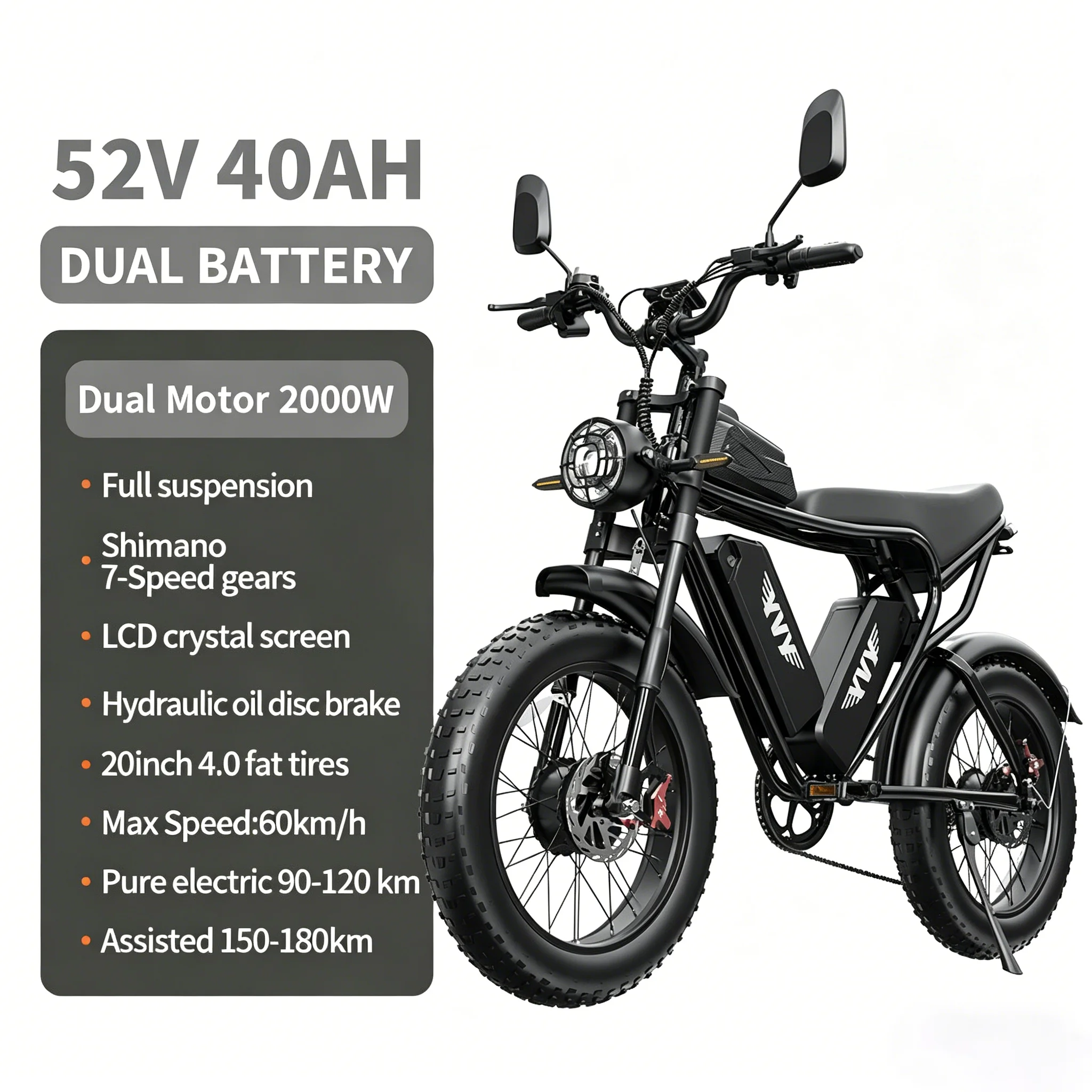 New Off-Road Electric Bike 2000W motor 52V40AH lithium battery 20 inch Tire 60km/h E-bike Mountain Snow riding Electric bicycle image 4