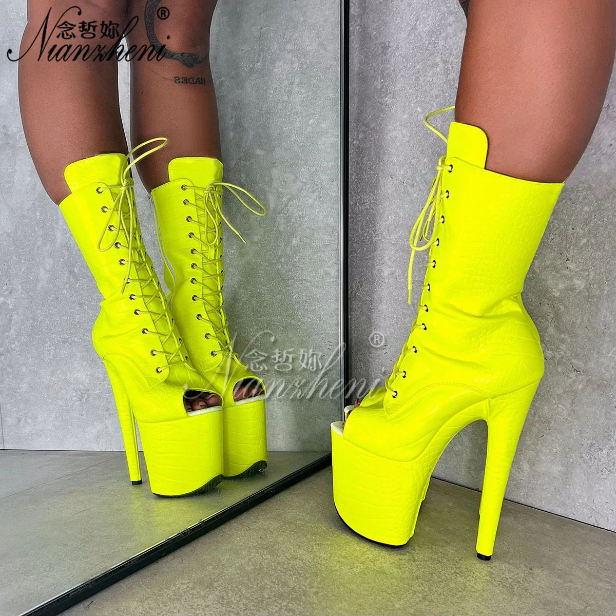 Punk Yellow Ankle Boots 20cm Open Toe 8Inch Plus Size Sexy Fetish Shoes High Heels Stripper Pole Dance Catwalk Models Nightclub