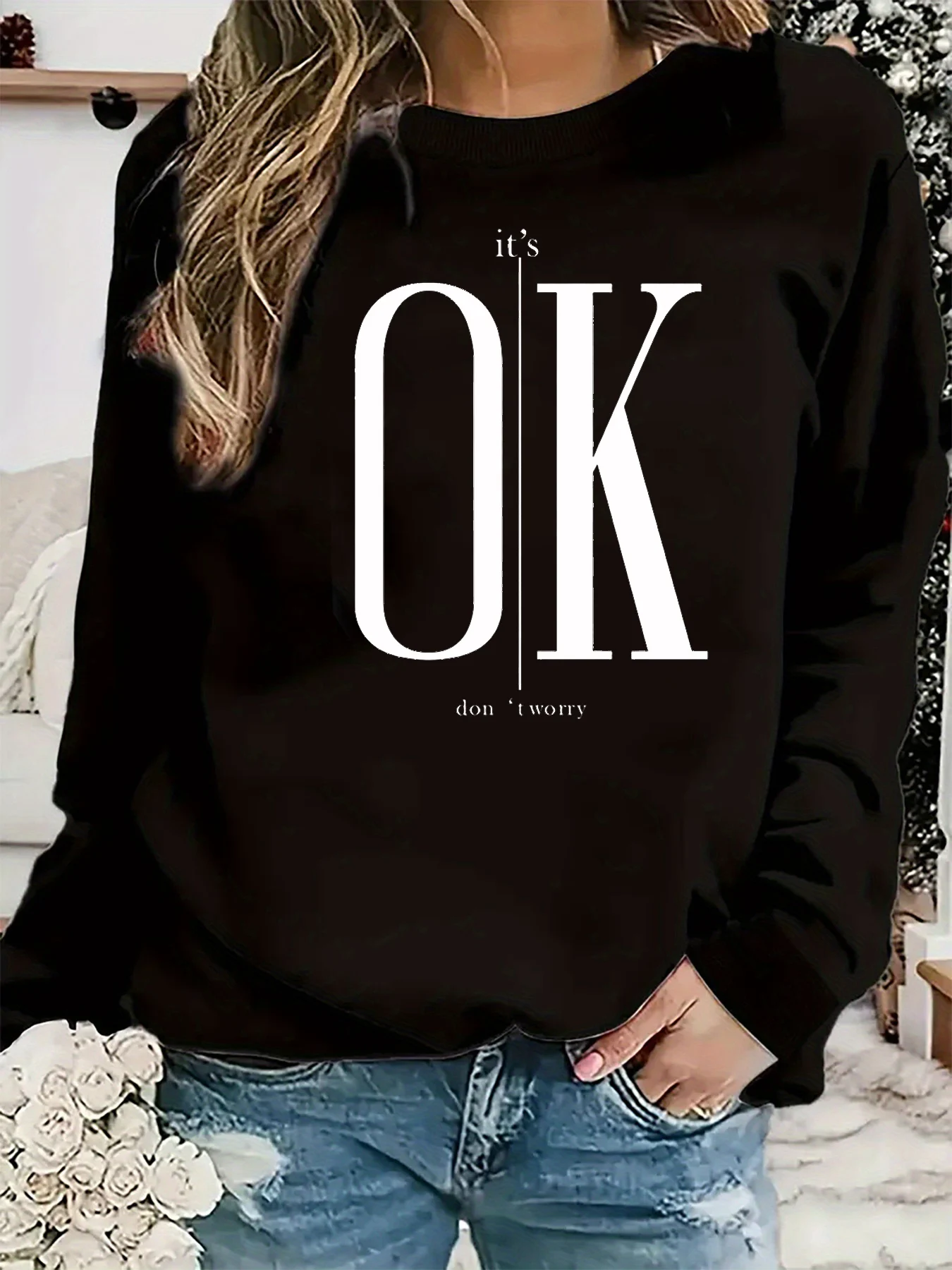 بلوفر نسائي كاجوال للخريف والشتاء فضفاض ومريح ودافئ ومطبوع برقبة دائرية وأكمام طويلة