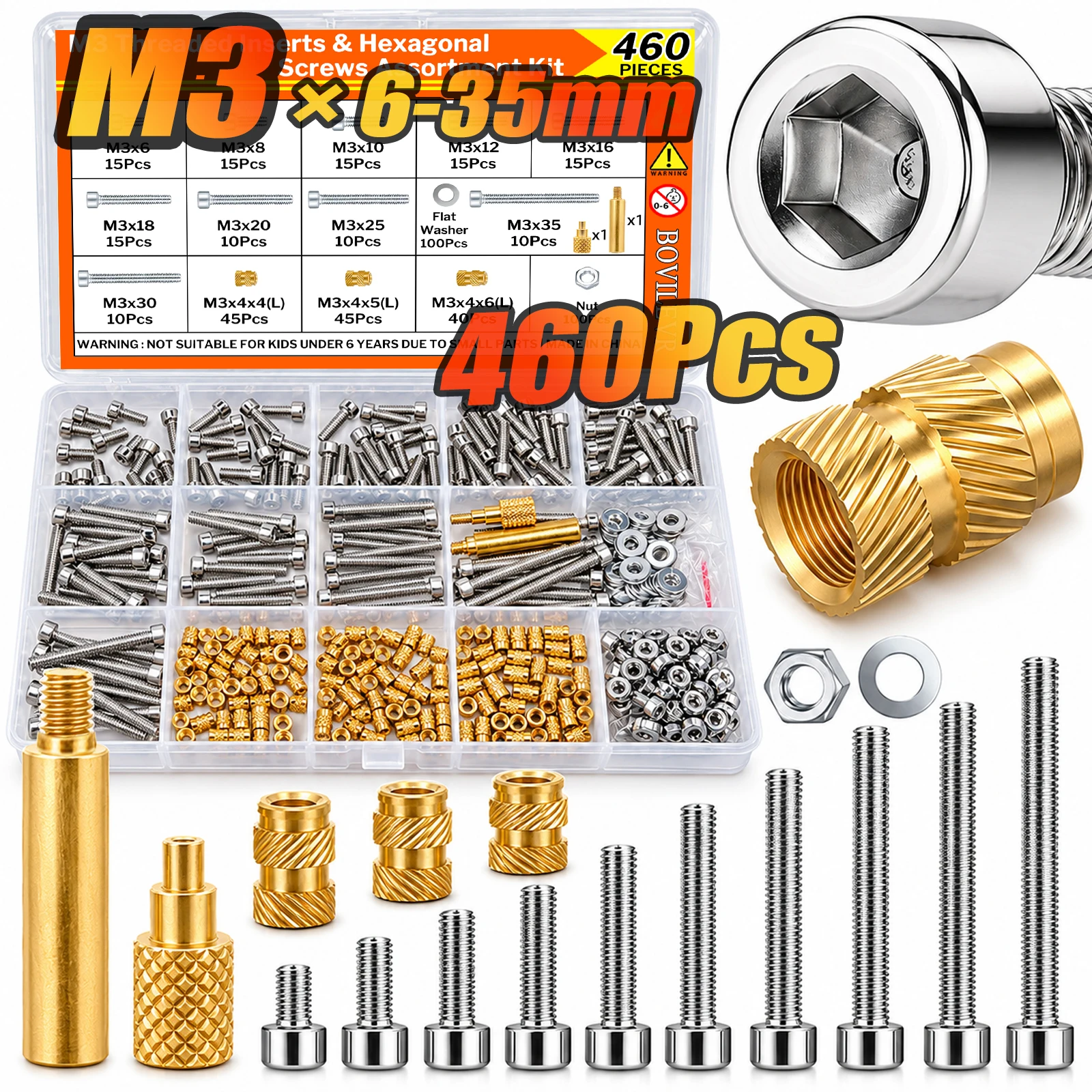 460Pcs M3 Threaded Inserts Kit M3x6-35mm Heat Set Nuts with Hex Bolts Washers 3D Printer PLA PETG ABS Repair Assortment