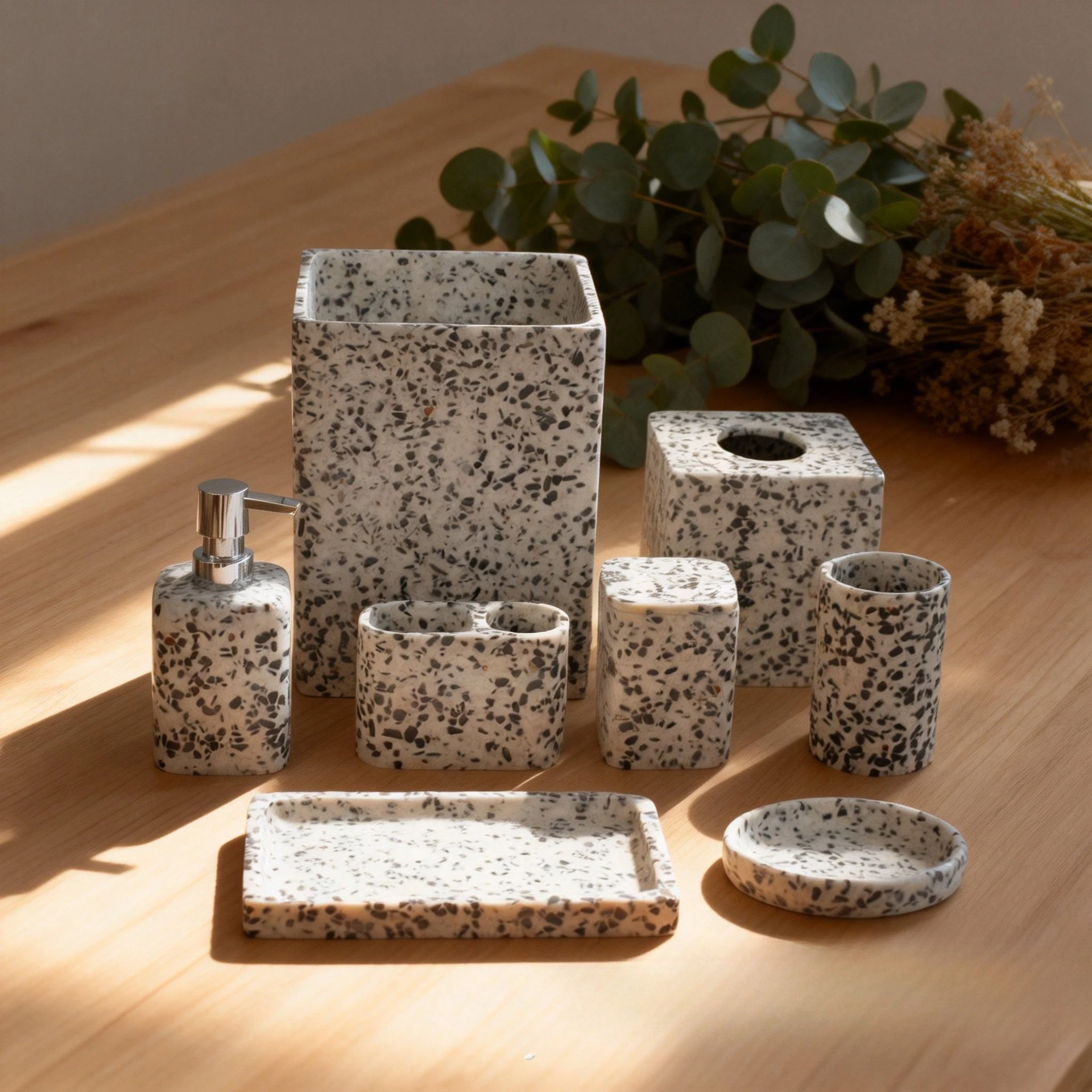 

Hotel resin terrazzo tray soap dish tissue box resin bathroom set lotion bottle toothbrush holder fat trash can
