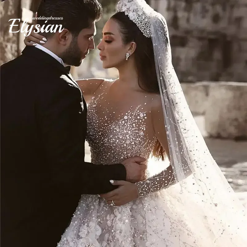 Personalizado novo vestido de casamento de luxo feito à mão elegante renda manga longa vestido de casamento sexy o-pescoço weddin